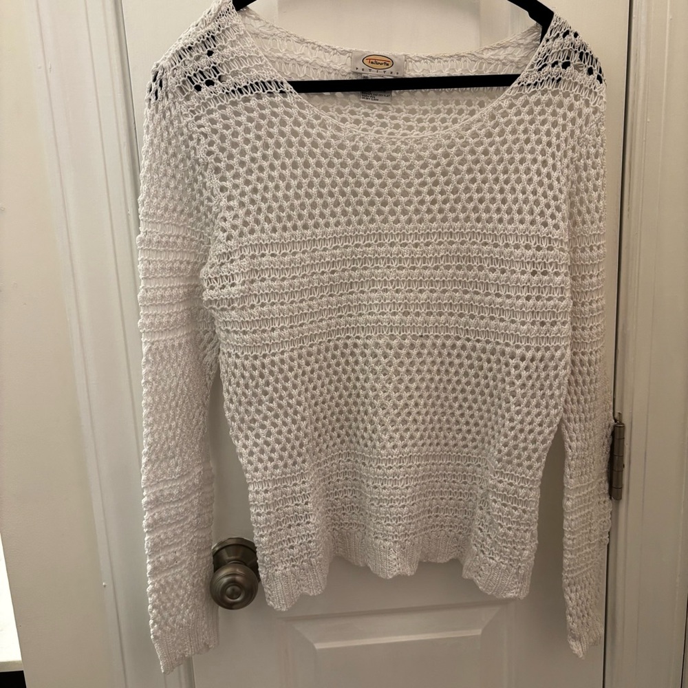 Talbots Vintage White Net Textured Knit Sweater 100% Cotton Fisherman Coastal